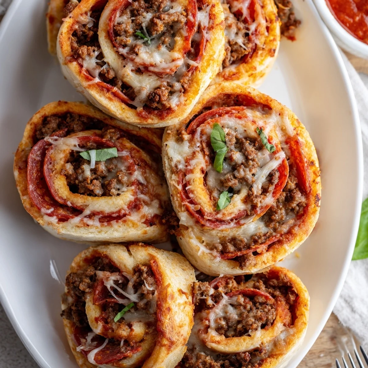 Warm Cheesy Beef Pepperoni Pizza Roll Ups on a baking sheet, herb garnish.