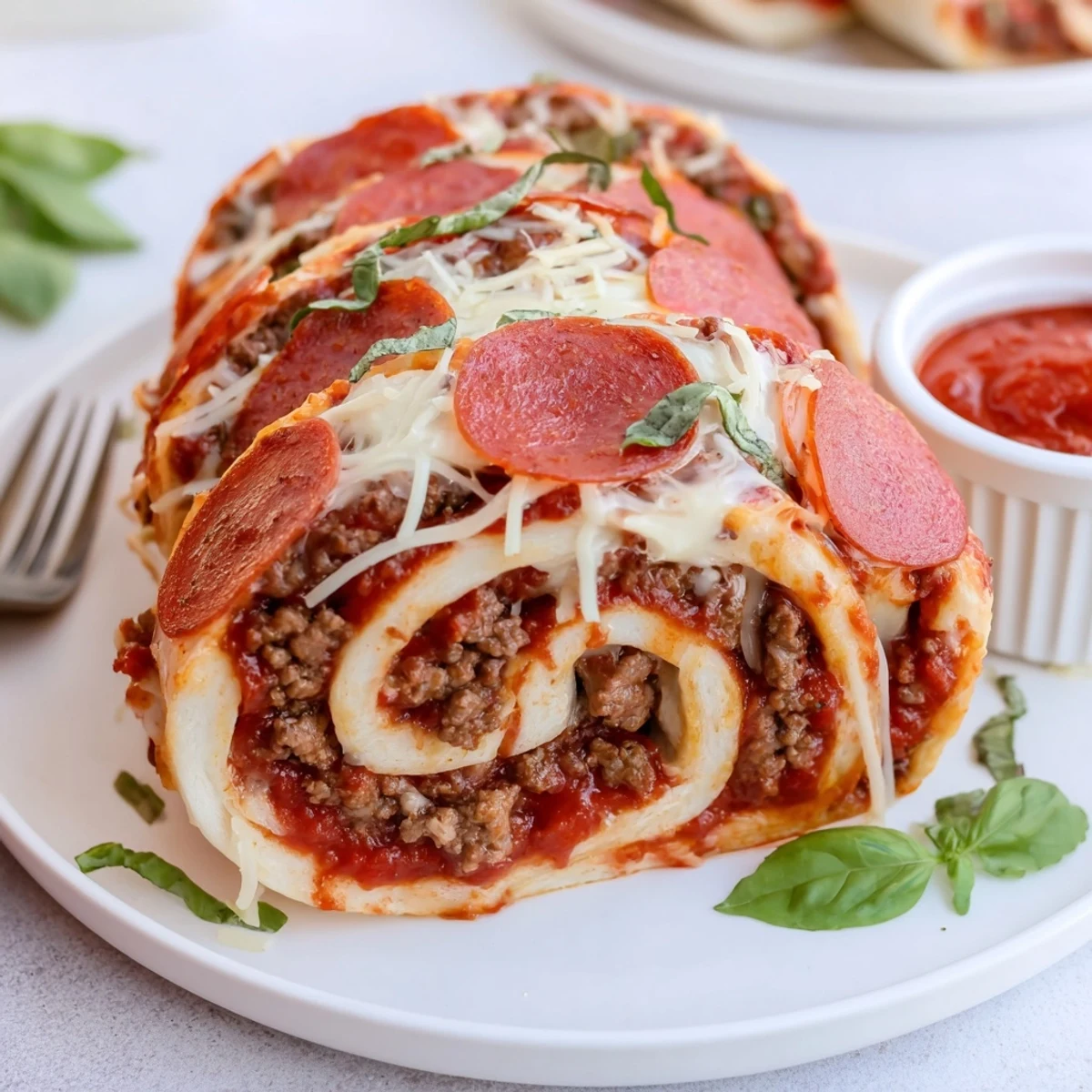 Cheesy Beef Pepperoni Pizza Roll Ups steaming, golden-brown, cheese oozing, served with sauce.