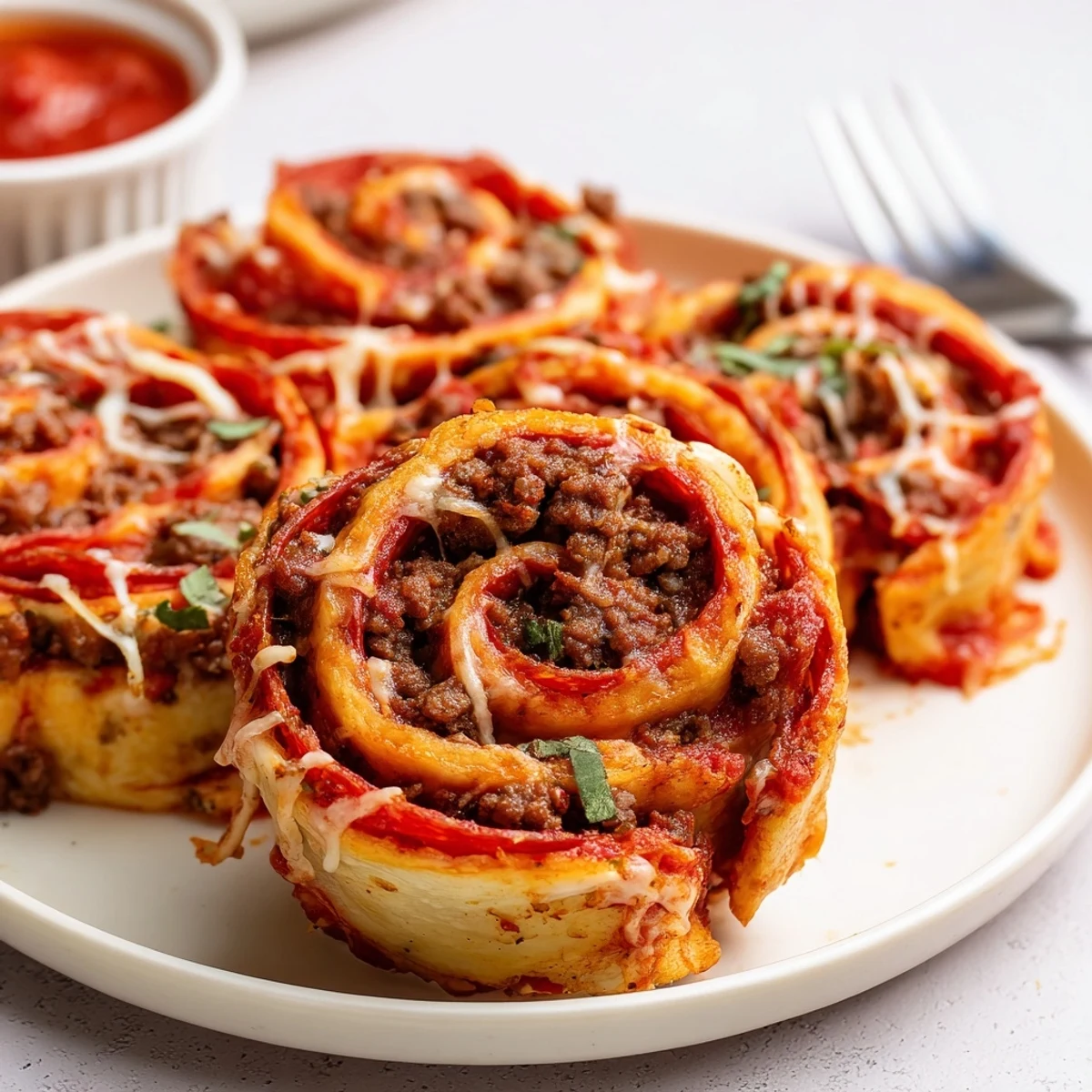 Bite revealing melted mozzarella inside Cheesy Beef Pepperoni Pizza Roll Ups, perfect party snack.