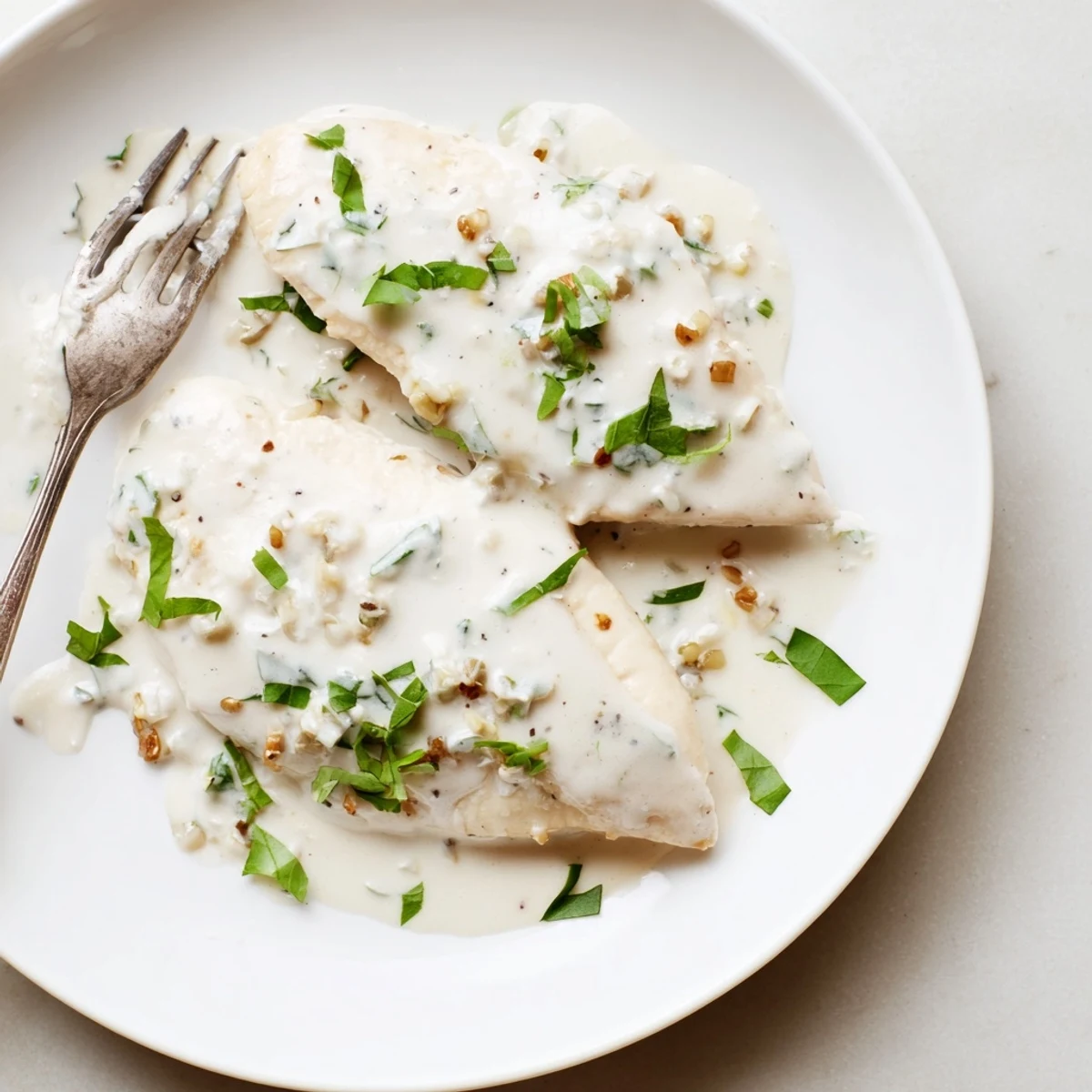 Golden brown chicken breasts resting in a rich white sauce dotted with fresh green herbs