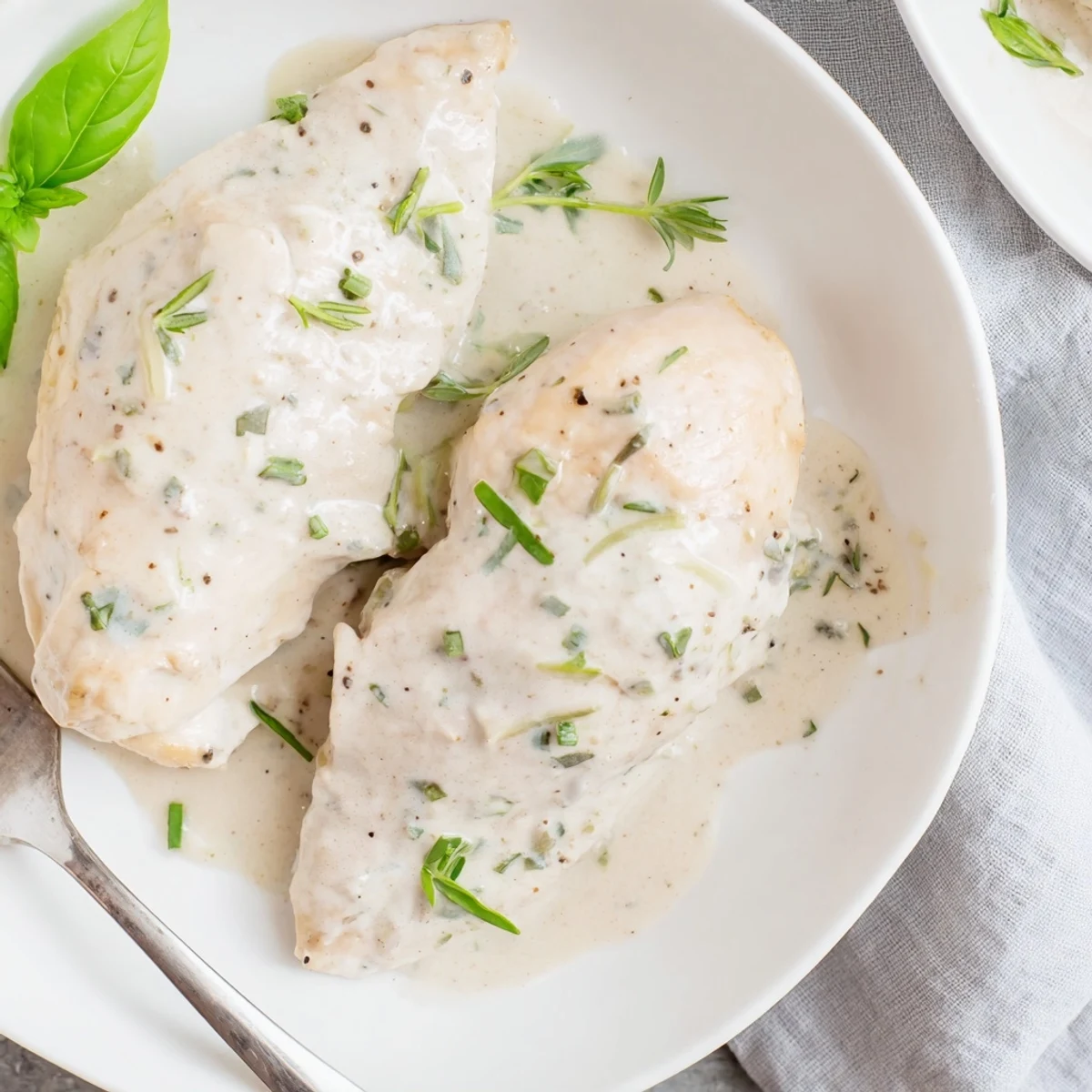 Savory creamy herb chicken plated with glistening sauce and delicate parsley and basil garnish