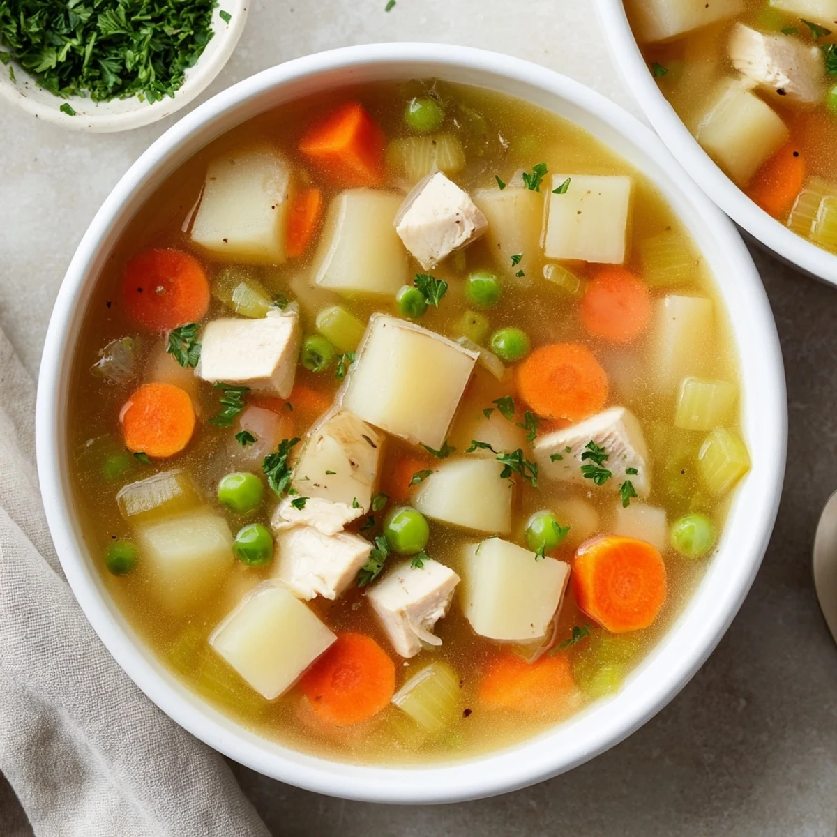 Golden chicken soup with tender potatoes and vegetables in a rich broth