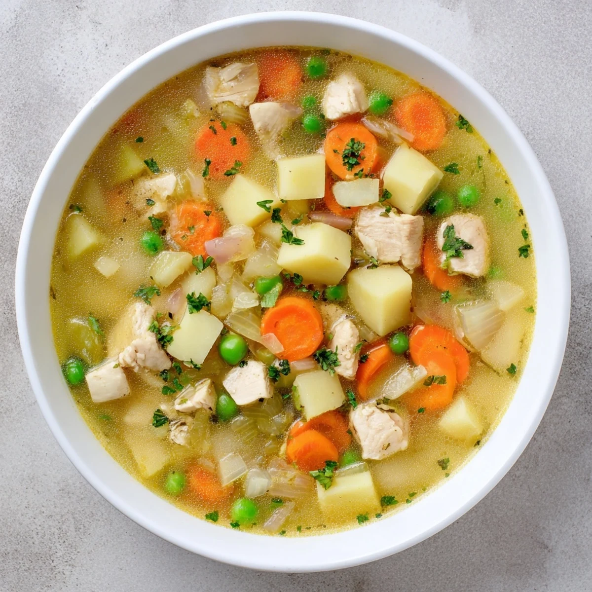 Steaming bowl of comforting chicken soup with potatoes garnished with fresh parsley