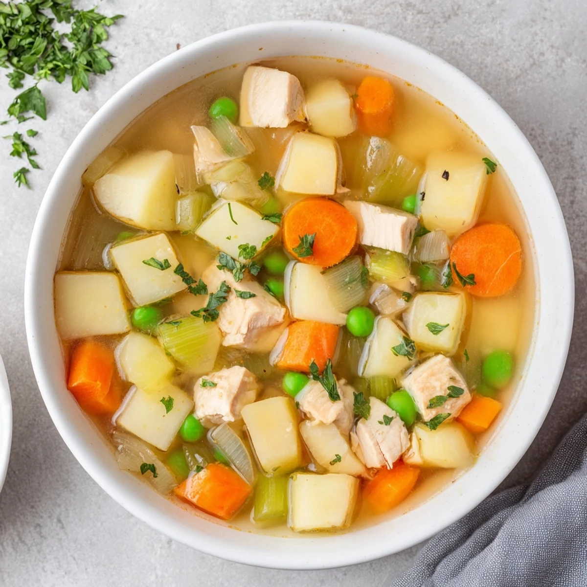 Hearty chicken soup with potatoes featuring chunky vegetables and aromatic herbs