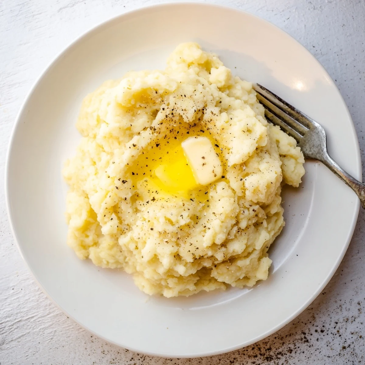 Creamy mashed potatoes topped with melting butter on a white serving plate