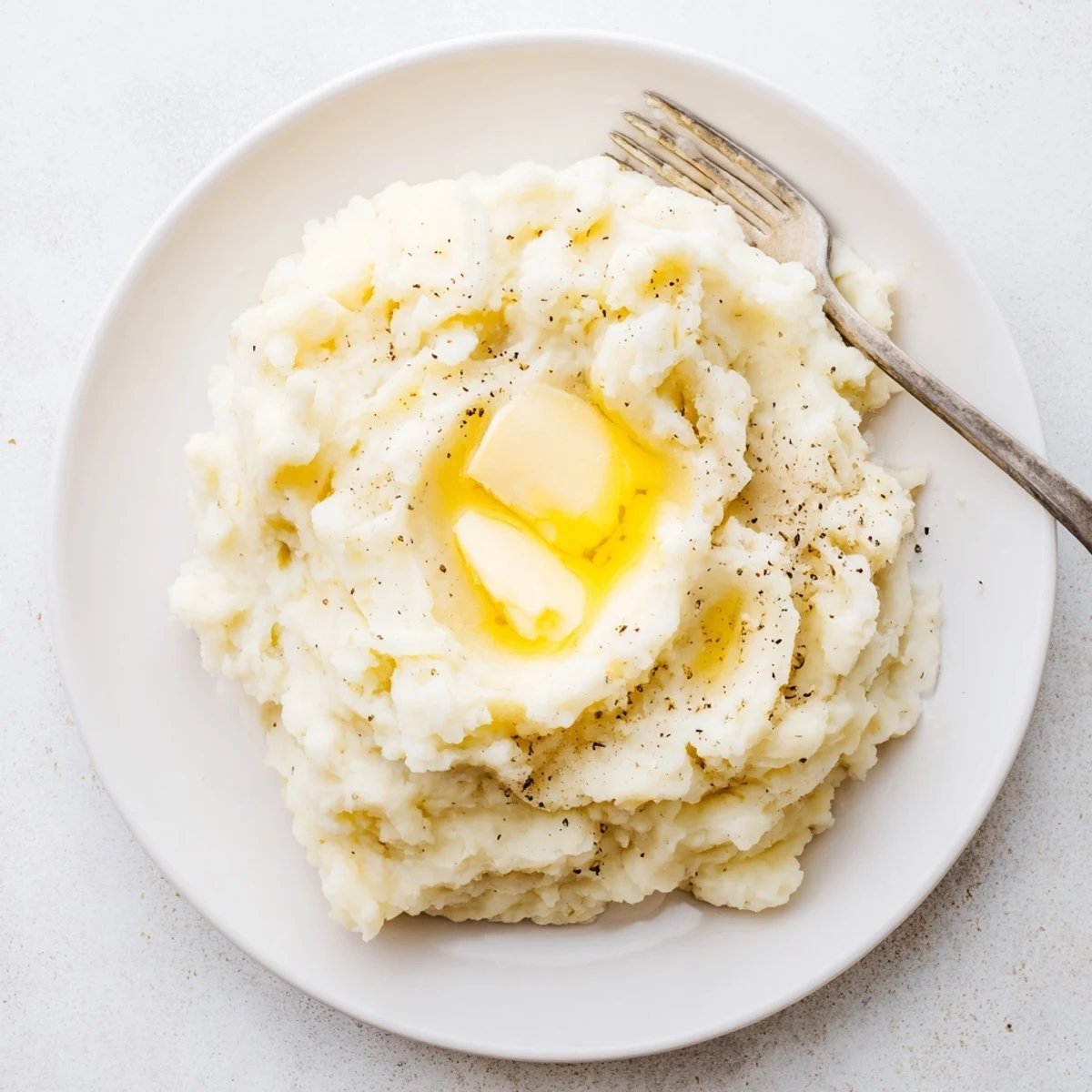 Fluffy homemade mashed potatoes with golden butter swirls in a ceramic bowl