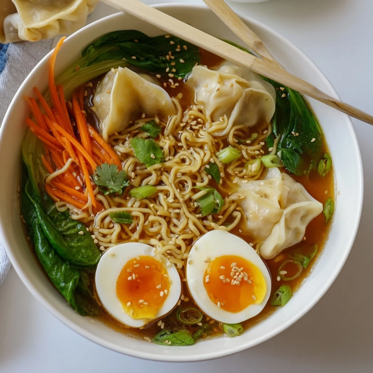 Steaming bowl of dumpling ramen featuring soft-boiled eggs, fresh spinach, and cabbage in savory broth