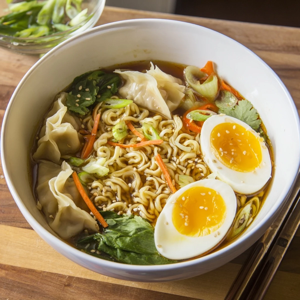 Comforting Asian fusion dumpling ramen bowl with tender noodles, wilted greens, and golden soft-boiled eggs