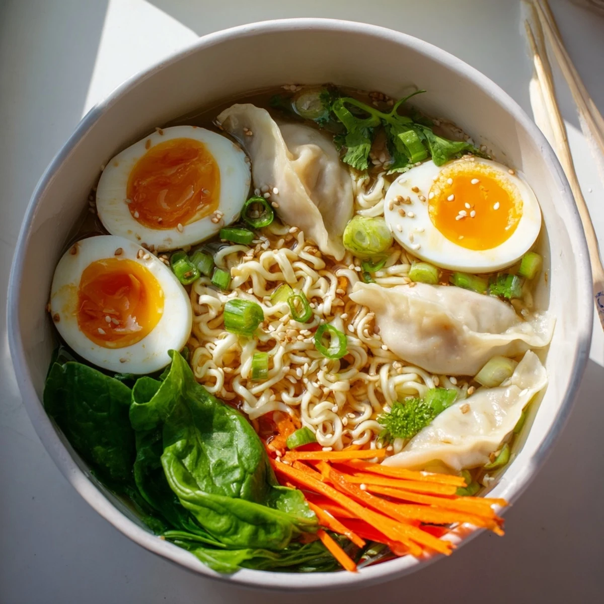 Hearty ramen bowl with plump dumplings, creamy soft-boiled eggs, and vibrant fresh vegetables in aromatic broth