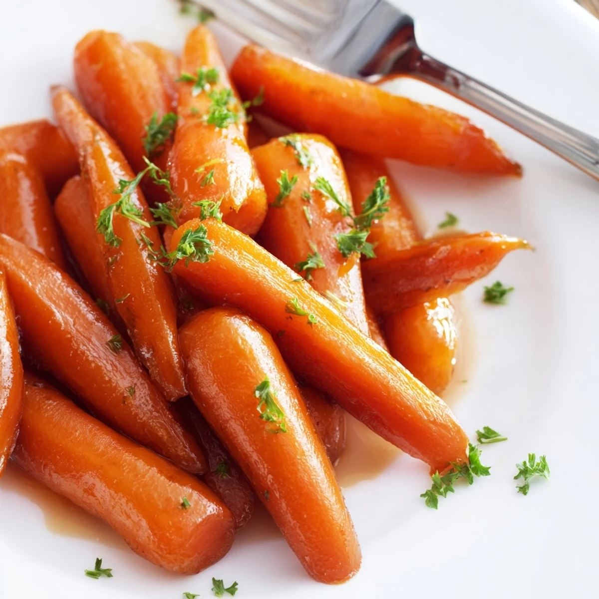 Golden glazed carrots arranged on a white serving plate with buttery sheen and fresh parsley garnish