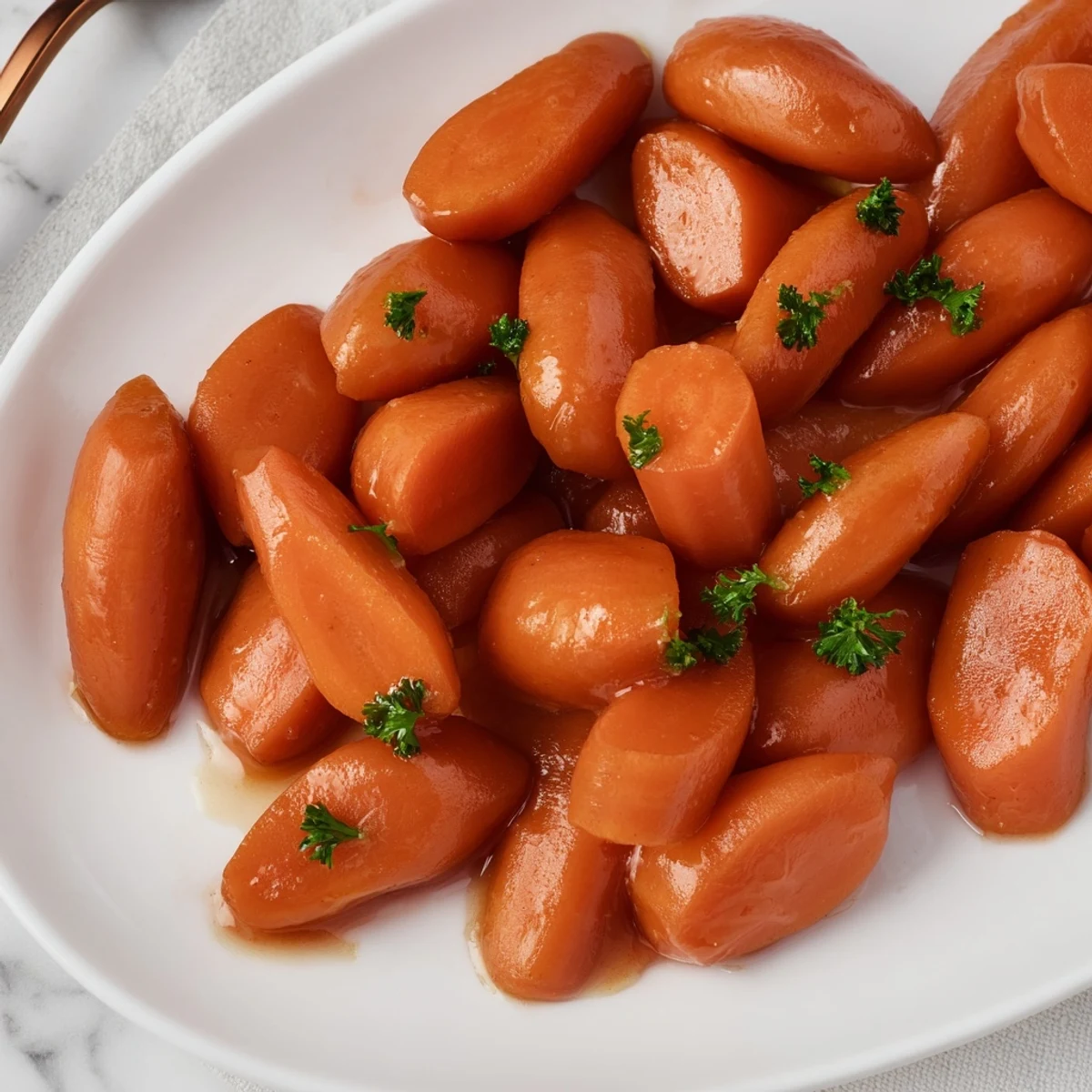 Tender glazed carrots in a glossy brown sugar coating served as an elegant holiday side dish