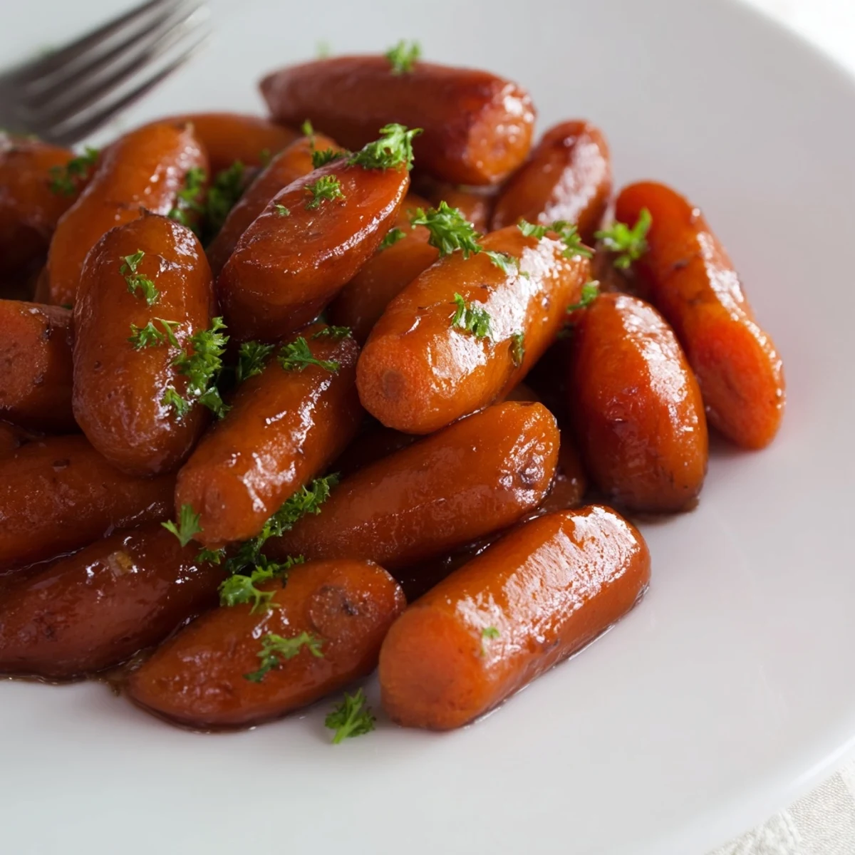Buttery glazed carrots close-up showing their shiny coating and vibrant orange color on a platter