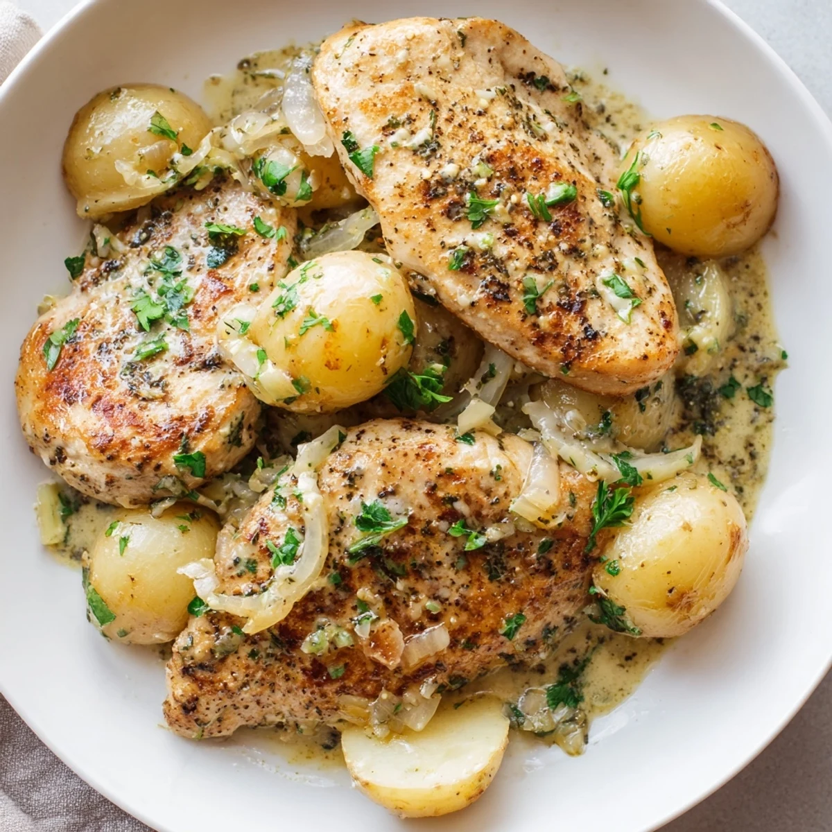 Golden chicken and baby potatoes nestled in a rich herb creamy sauce garnished with parsley