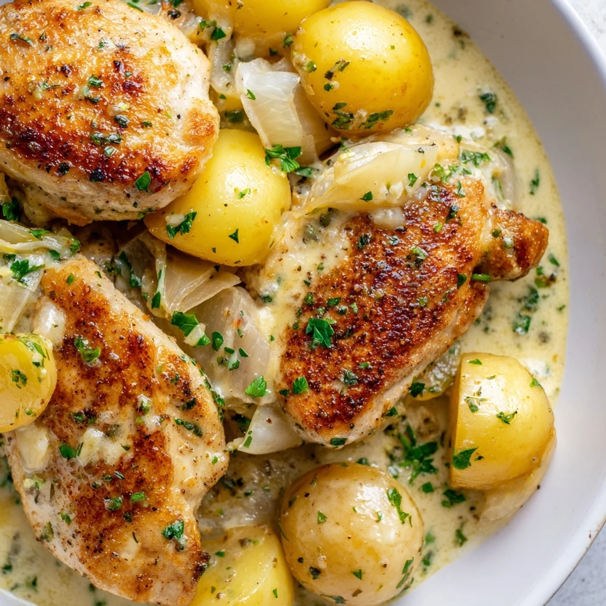 Tender seared chicken breasts paired with tender potatoes in a luscious thyme and rosemary cream sauce