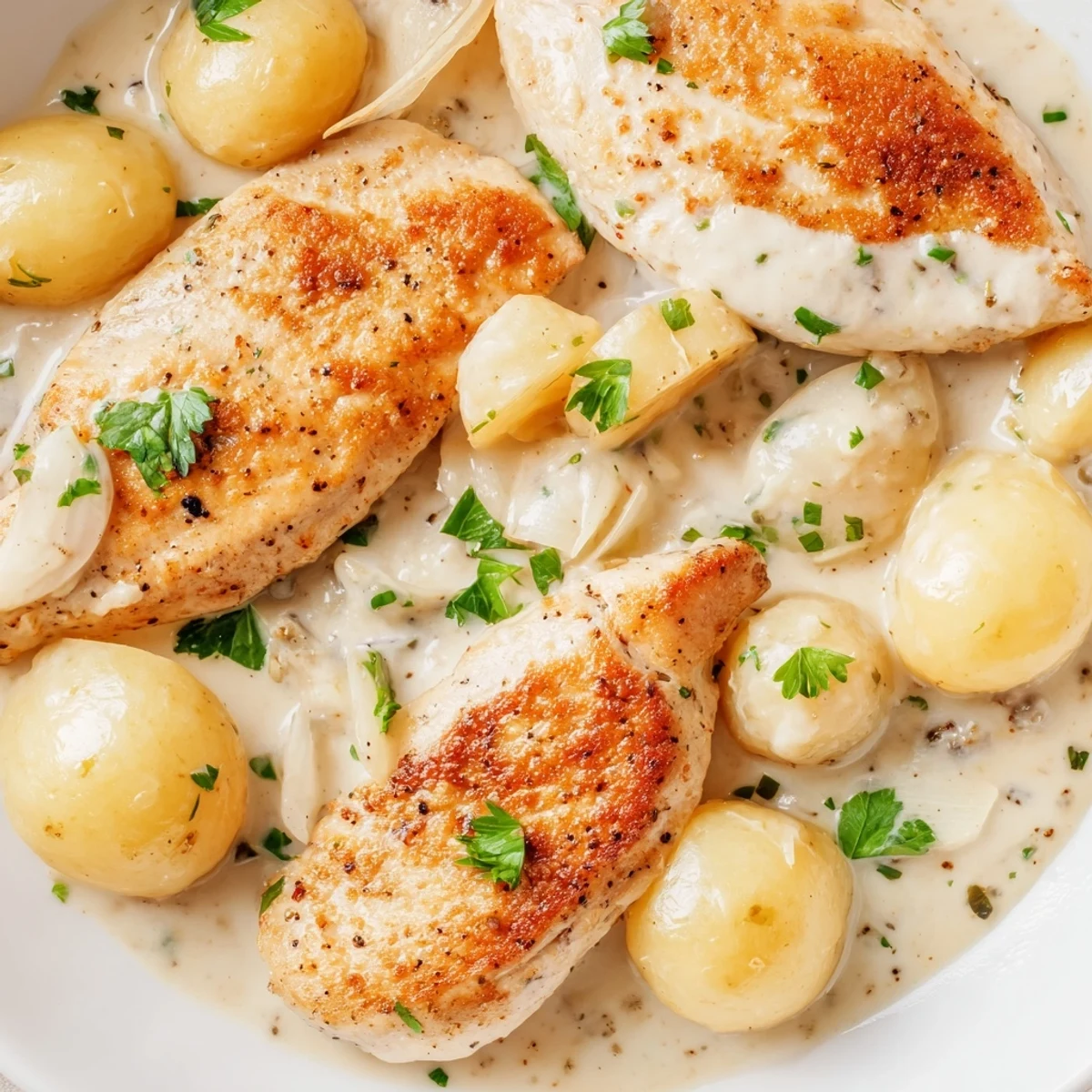 Comforting one skillet creamy herb chicken with golden potatoes swimming in a savory parmesan cream sauce
