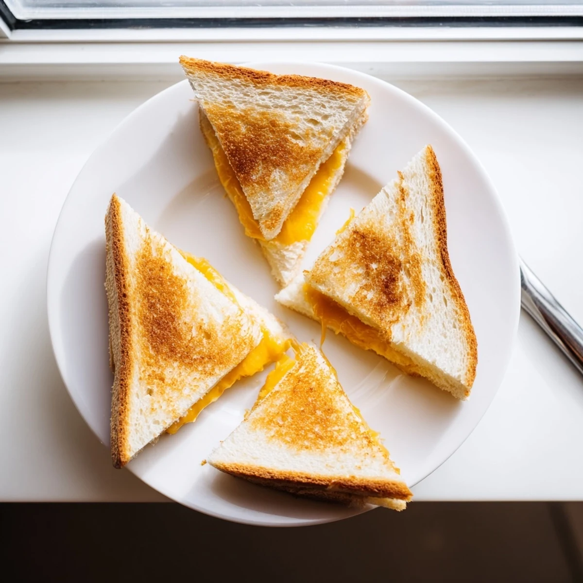 Golden brown grilled cheese sandwich with melted cheddar oozing between buttery toasted sourdough bread slices