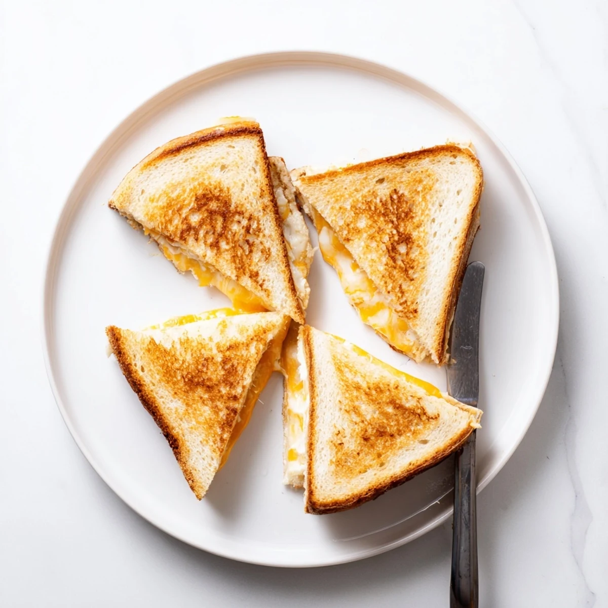 Hot grilled cheese sandwich cut into triangles displaying melted cheese and crispy buttered exterior on white plate