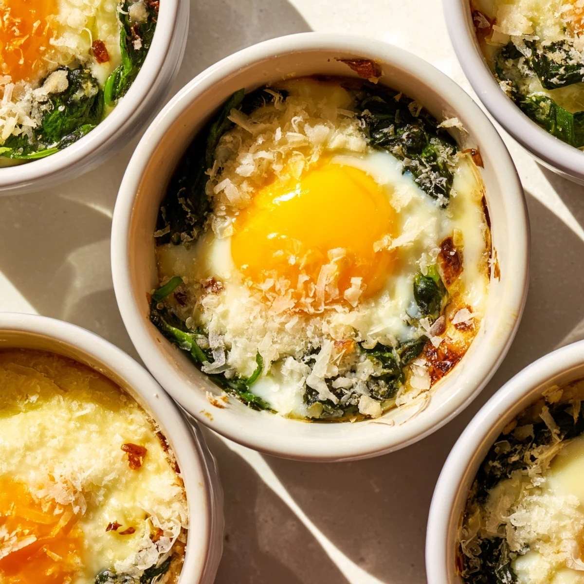 Creamy baked eggs spinach Parmesan featuring wilted greens and runny yolks