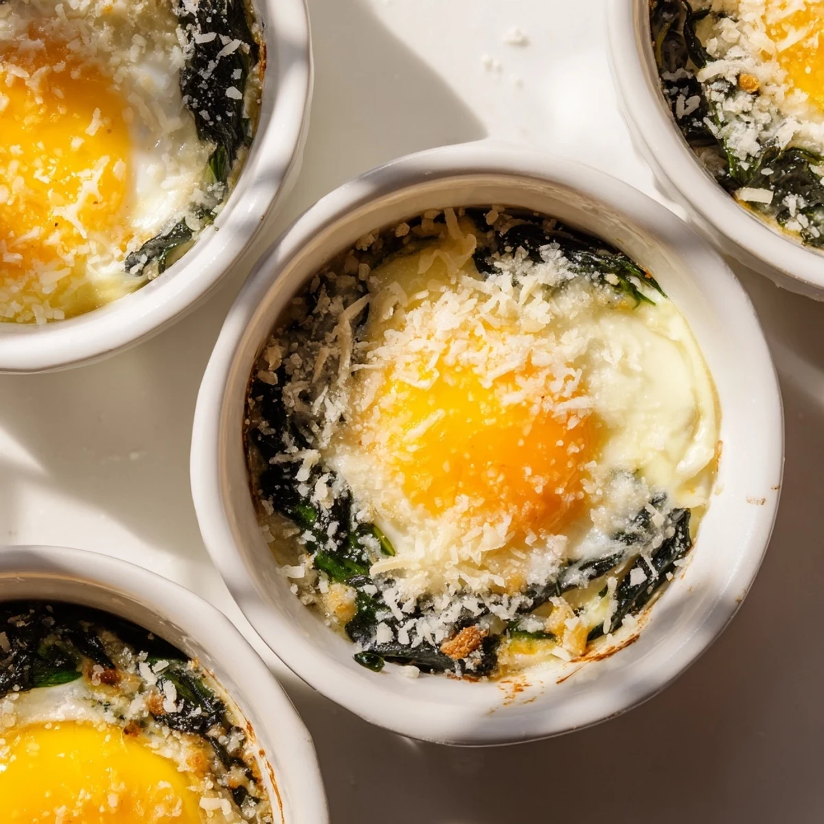Golden baked eggs spinach Parmesan with melted cheese crust in individual ramekins