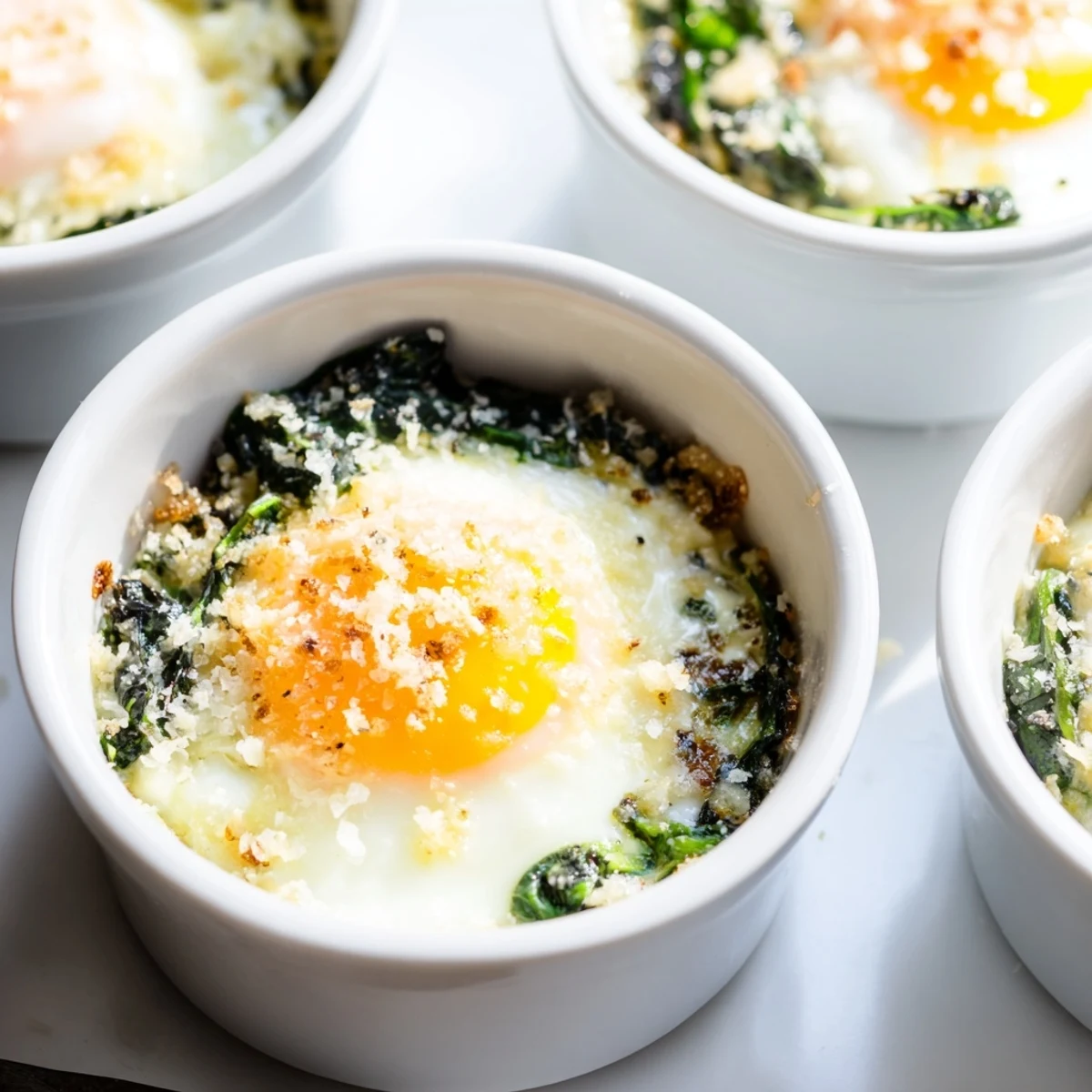 Savory baked eggs spinach Parmesan breakfast dish topped with golden grated cheese
