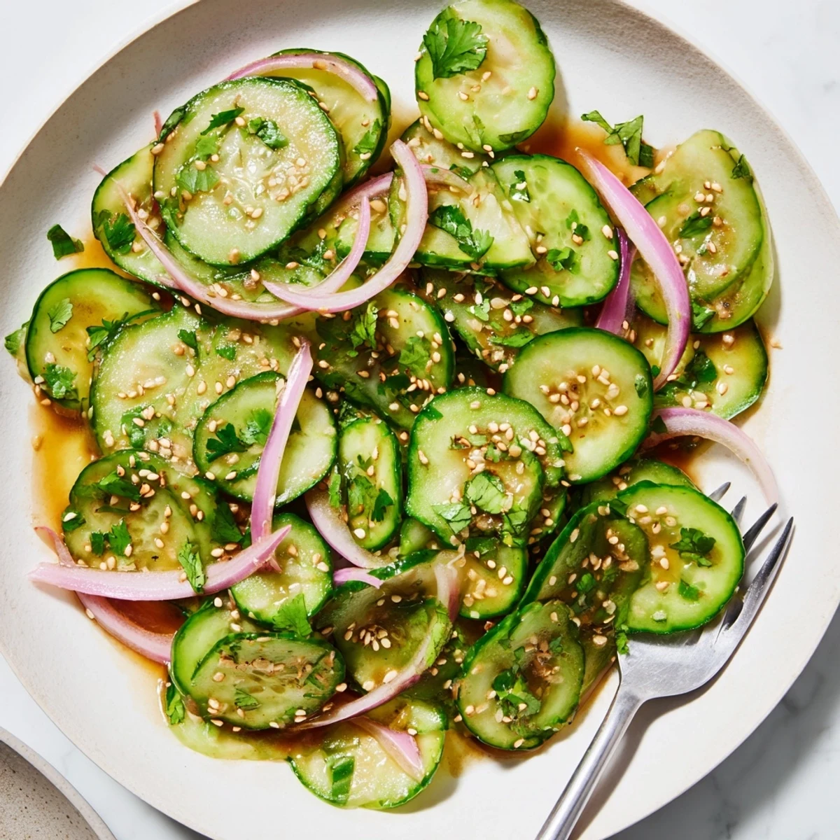 Chilled honey lime cucumber salad with thinly sliced vegetables and fresh herbs in a bowl
