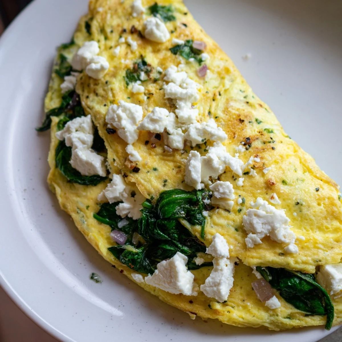 Fluffy Mediterranean spinach feta omelet recipe served hot with fresh wilted greens inside