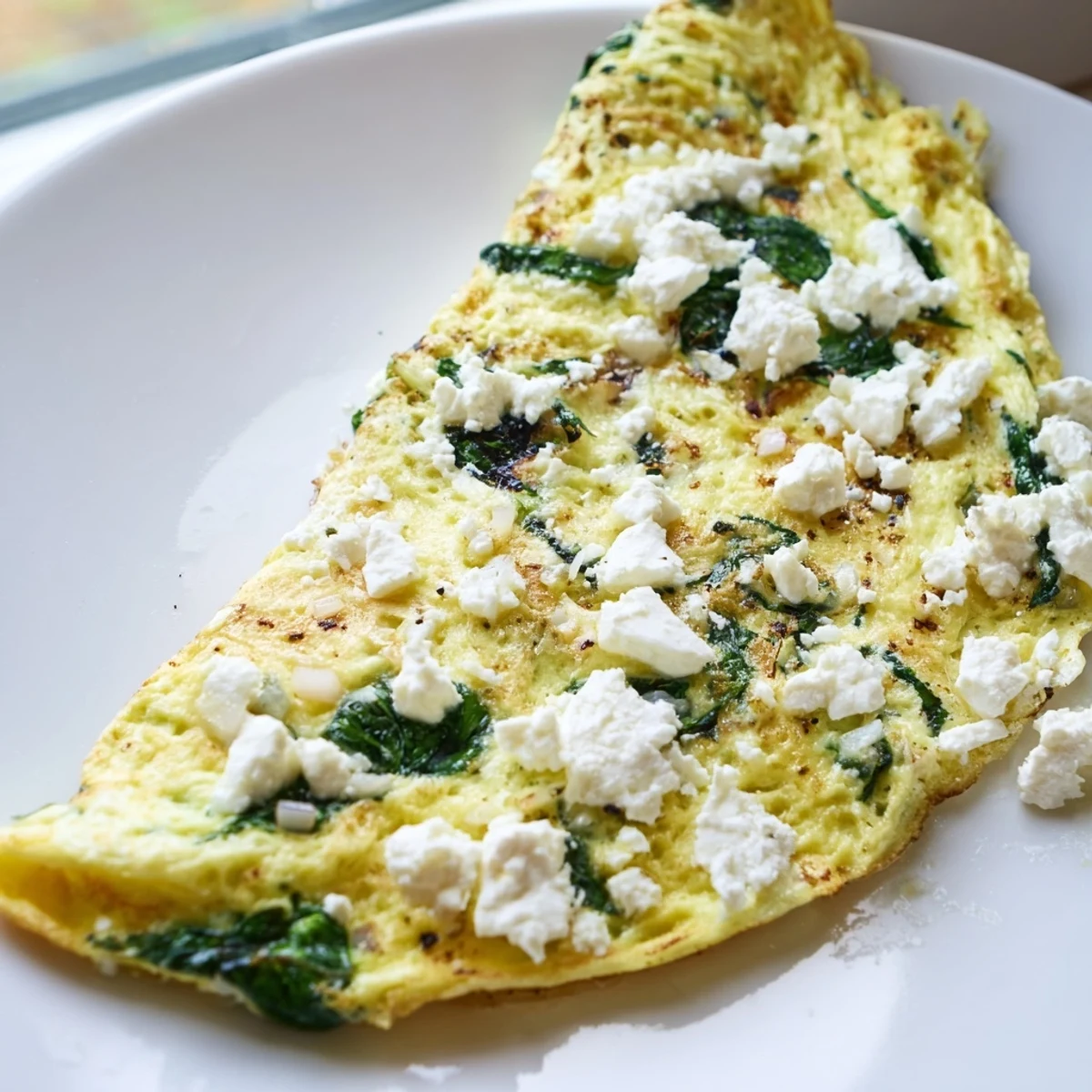 Golden spinach feta omelet folded on white plate with creamy cheese visible through fluffy eggs