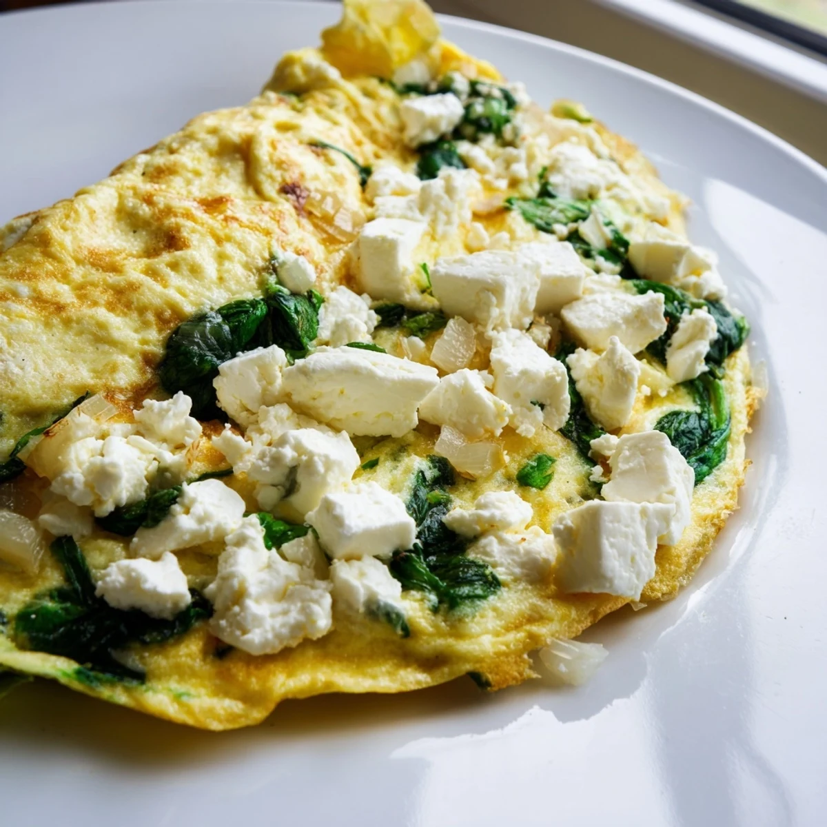 Creamy feta and tender spinach fill this savory golden omelet, ready for breakfast
