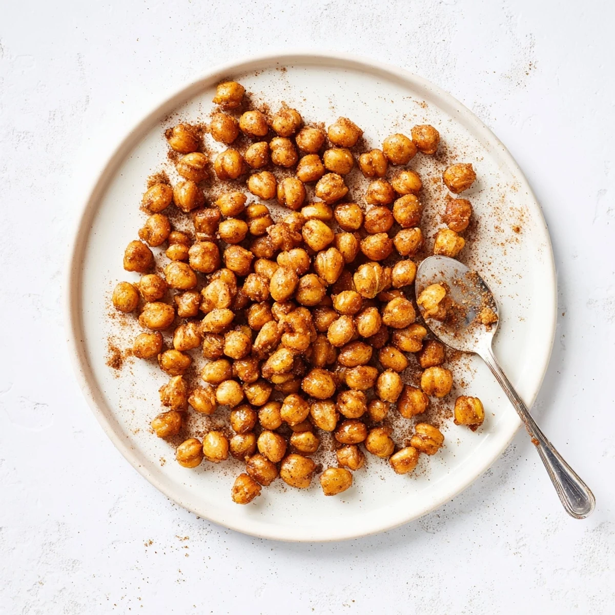Golden brown cinnamon roasted chickpeas arranged on a white plate with a dusting of coconut sugar