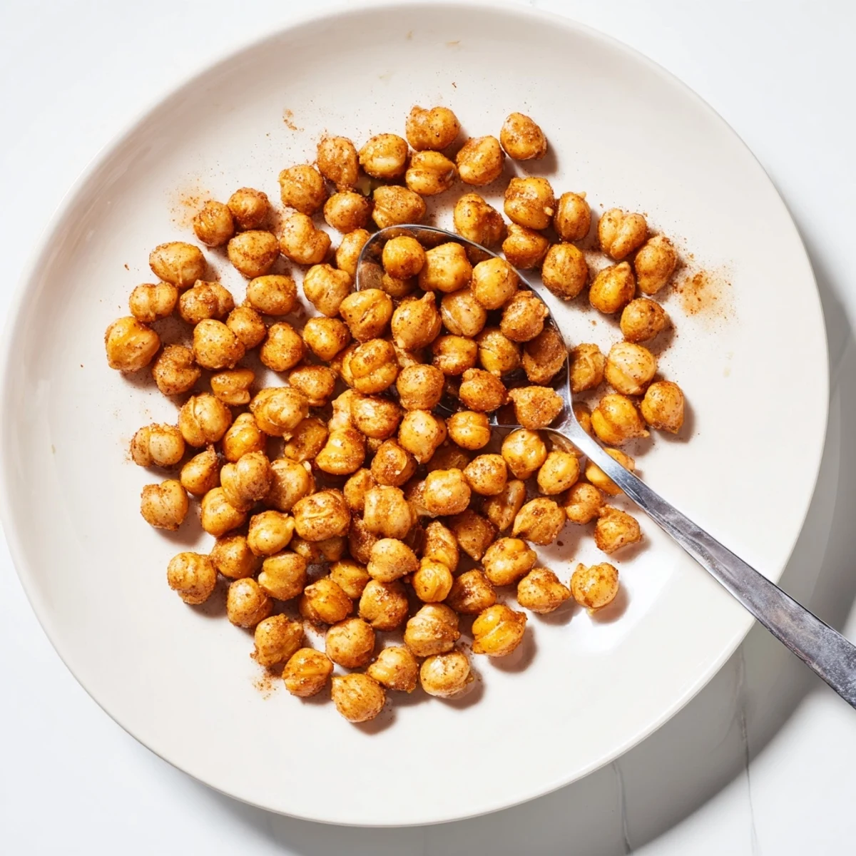 Crispy sweet and spicy cinnamon roasted chickpeas spilling from a wooden bowl on dark surface