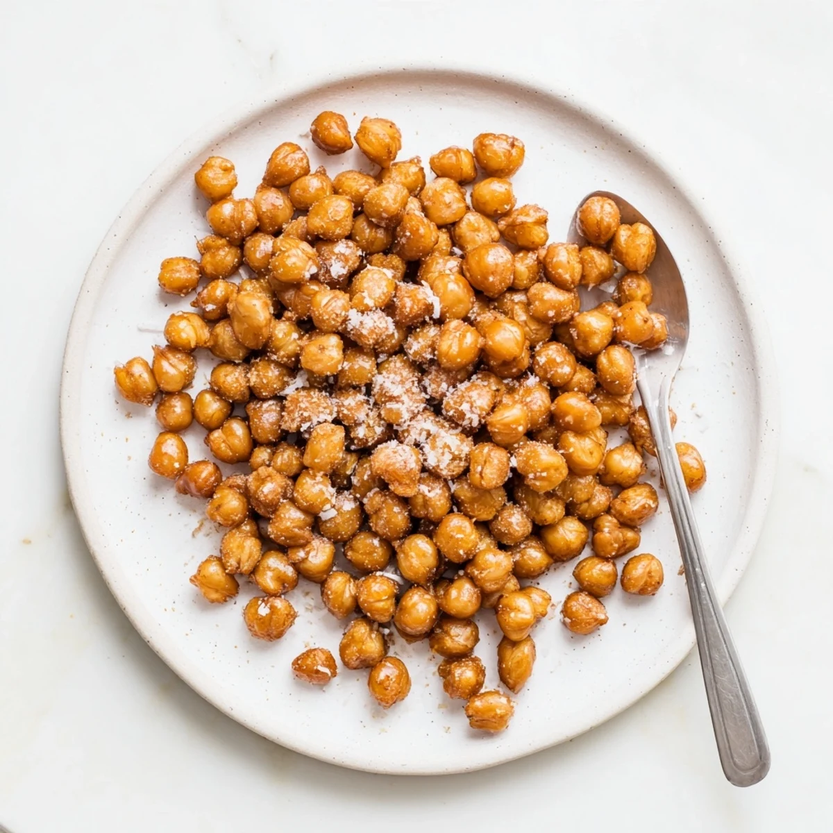 Close-up of crunchy cinnamon roasted chickpeas showing caramelized coating and warm golden brown color