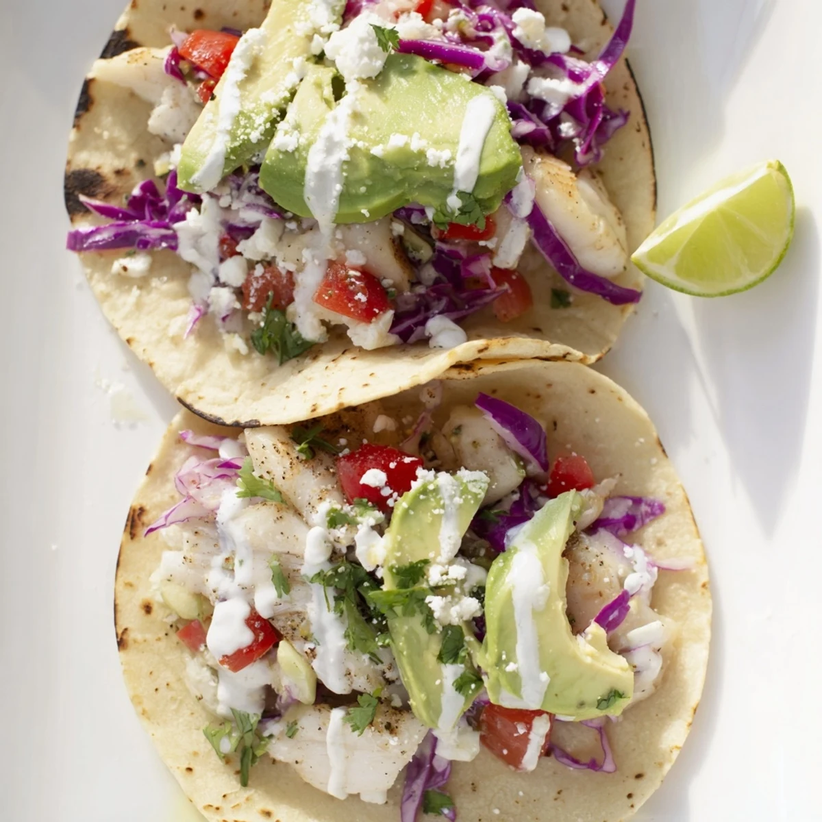 Zesty grilled fish cilantro tacos layered with vibrant red cabbage, diced tomatoes, and sliced avocado for a refreshing Mexican meal