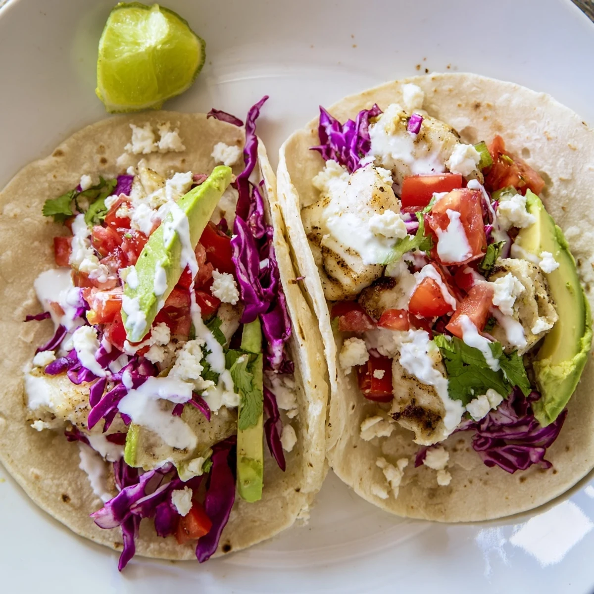 Perfectly charred white fish nestled in soft corn tortillas with crisp vegetables, herbs, and tangy crema sauce