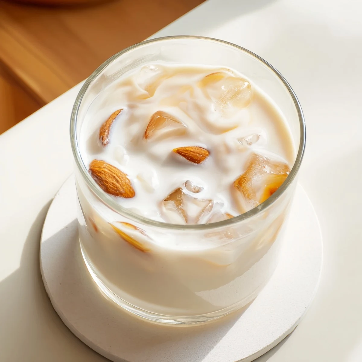 Chilled glass of refreshing summer roasted almond milk drink with cream topped with ice