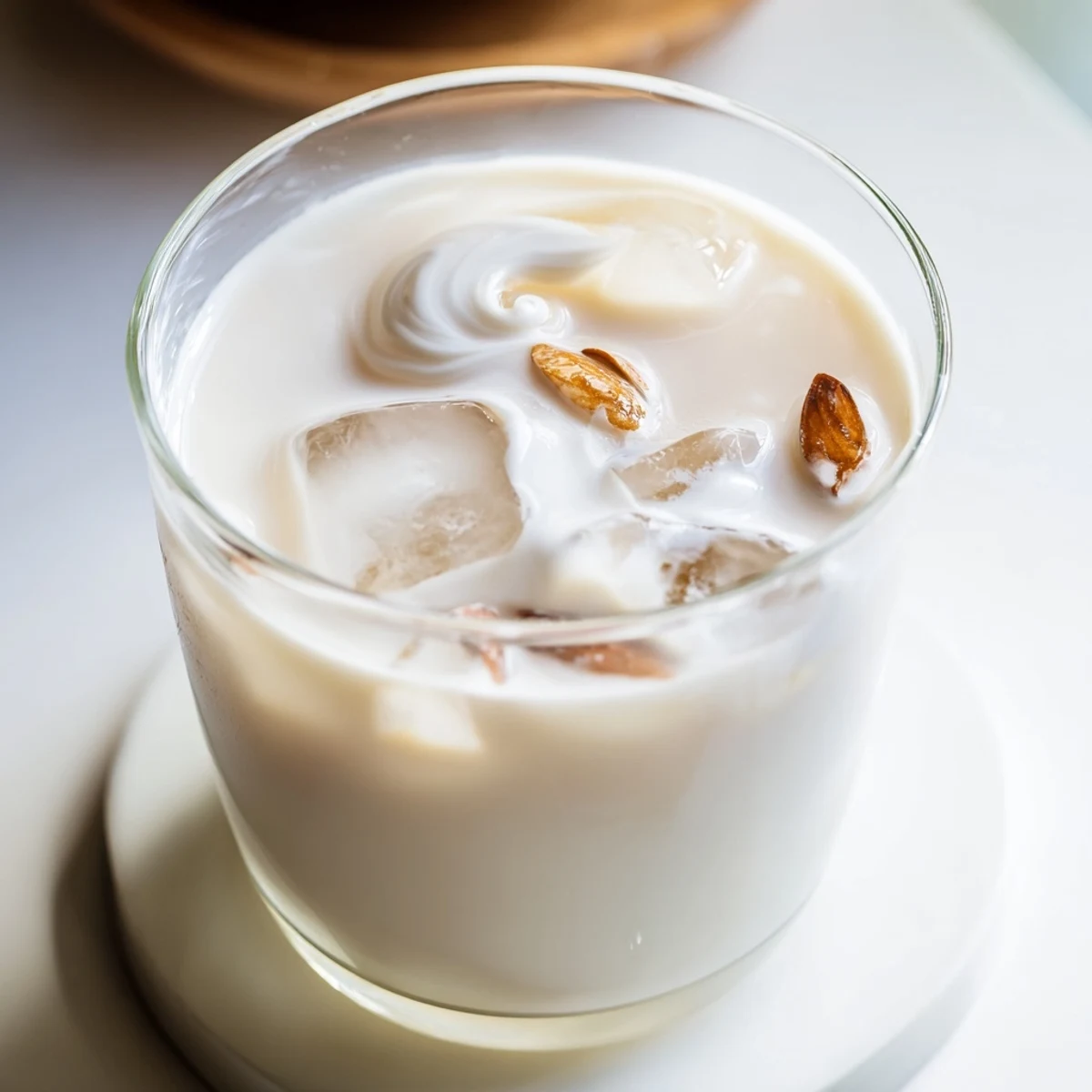 Creamy roasted almond milk beverage served over ice in a tall glass on wooden surface
