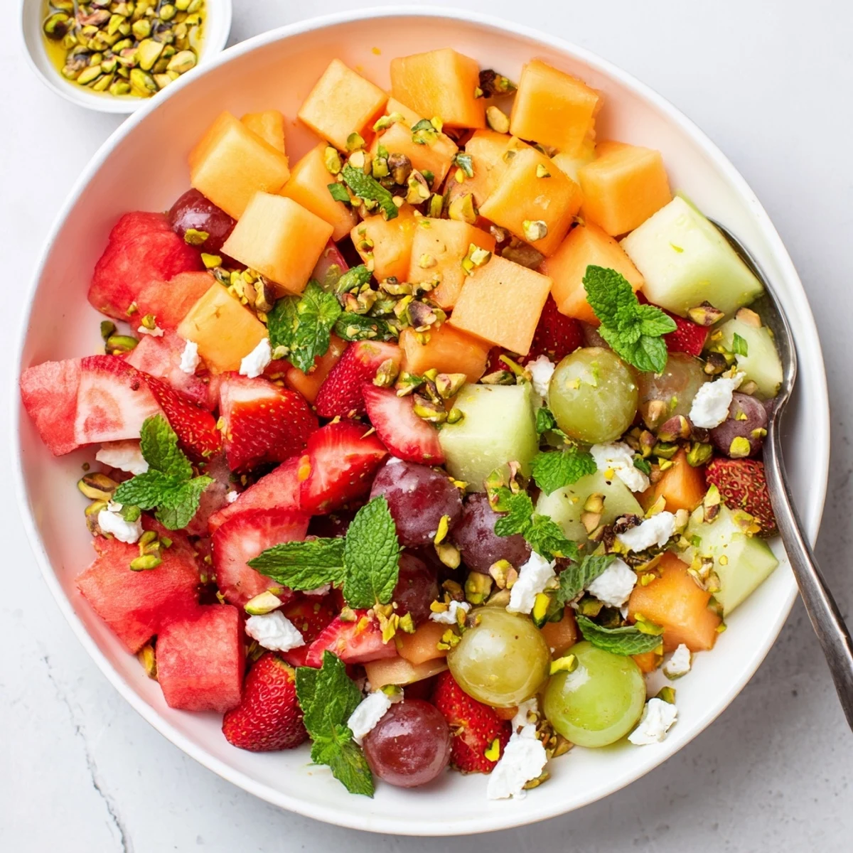 Colorful mixed fruit salad bowl with watermelon, cantaloupe, strawberries, and feta cheese