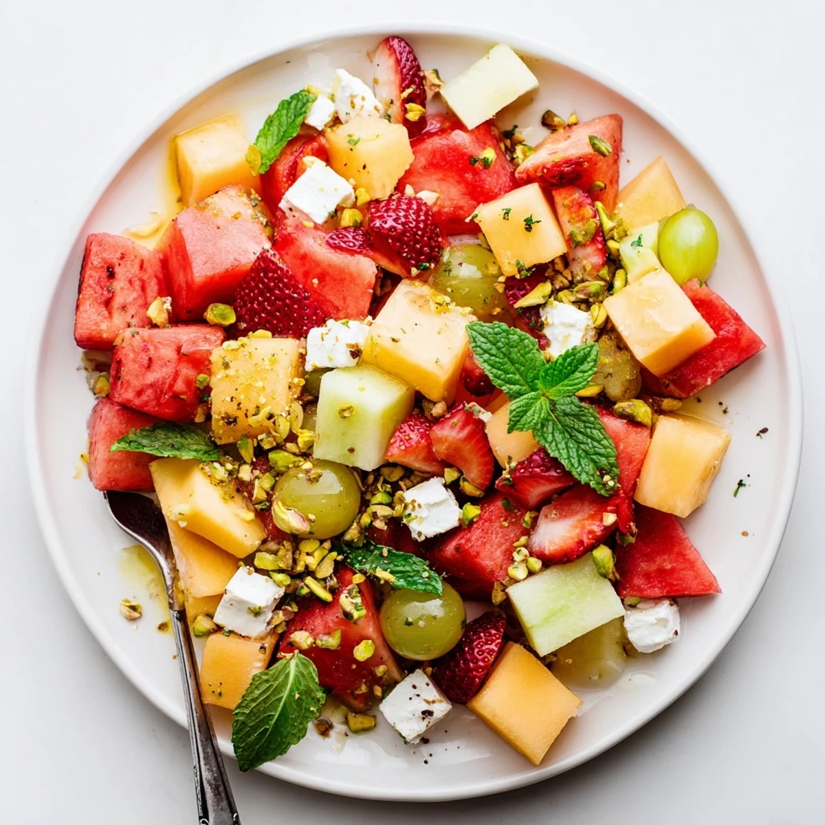 Fresh summer fruit salad with honeydew, grapes, mint, and lime honey dressing