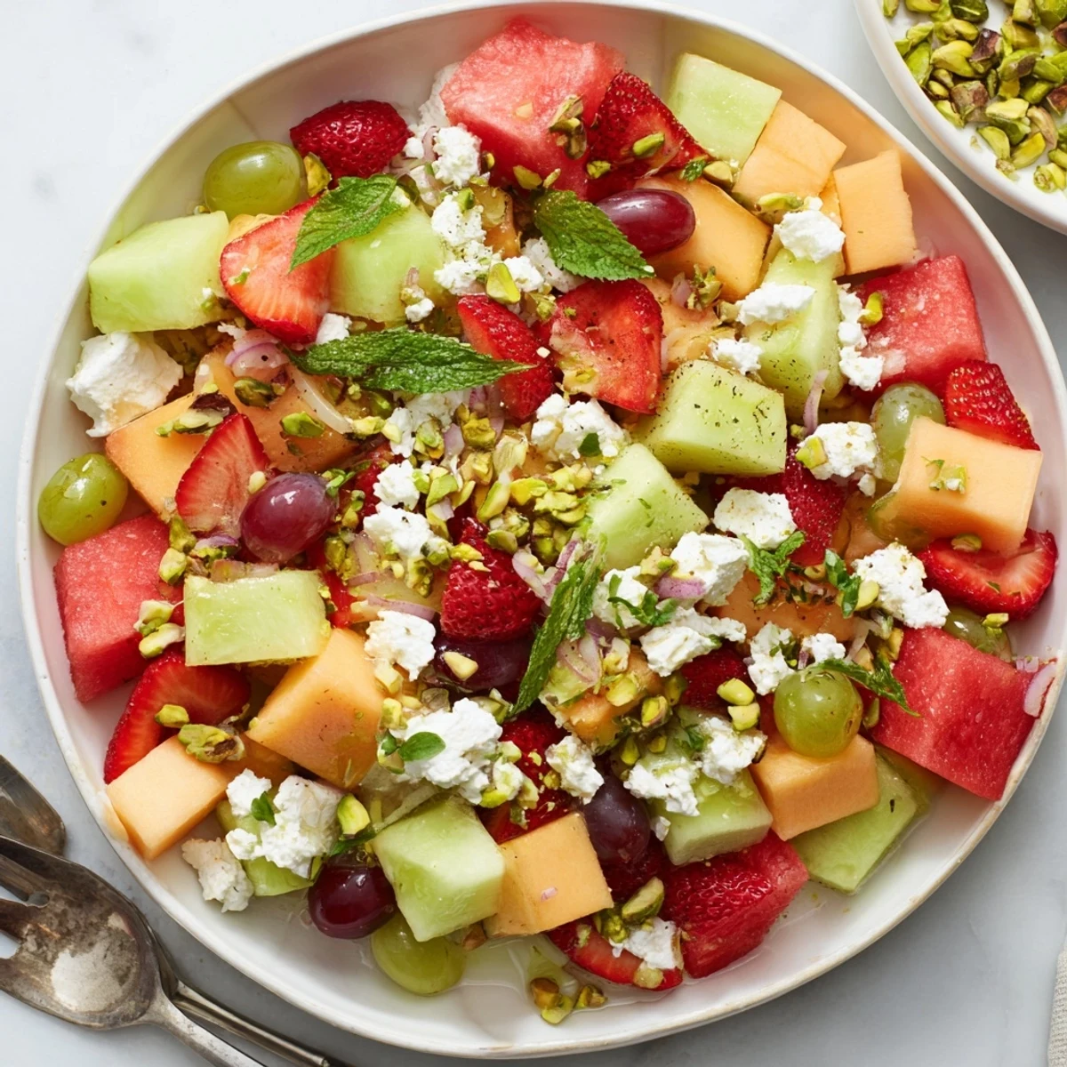 Refreshing fruit salad with melons, berries, pistachios, and crumbled feta cheese topping
