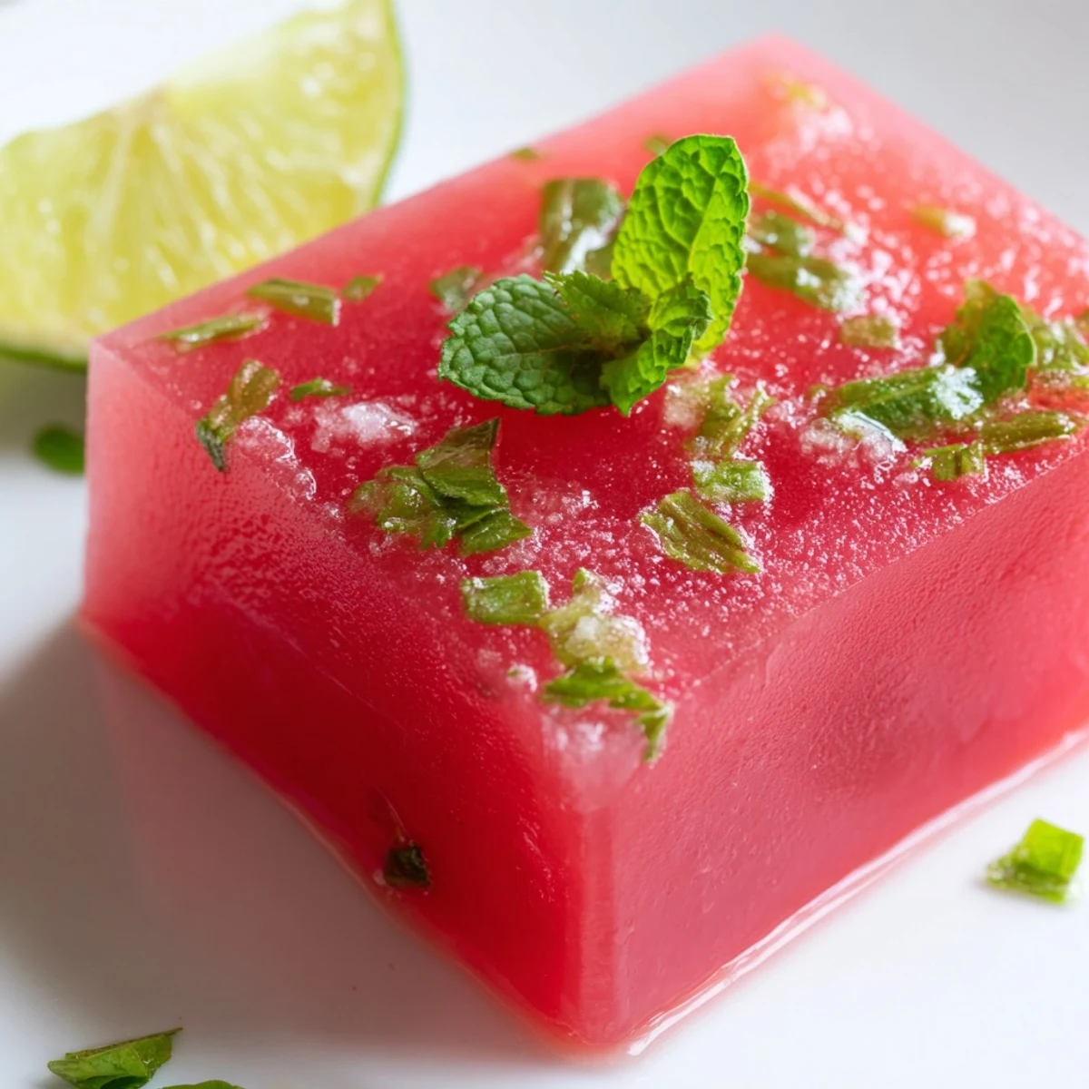 Vibrant pink watermelon lime bars cut into squares with lime wedge garnish