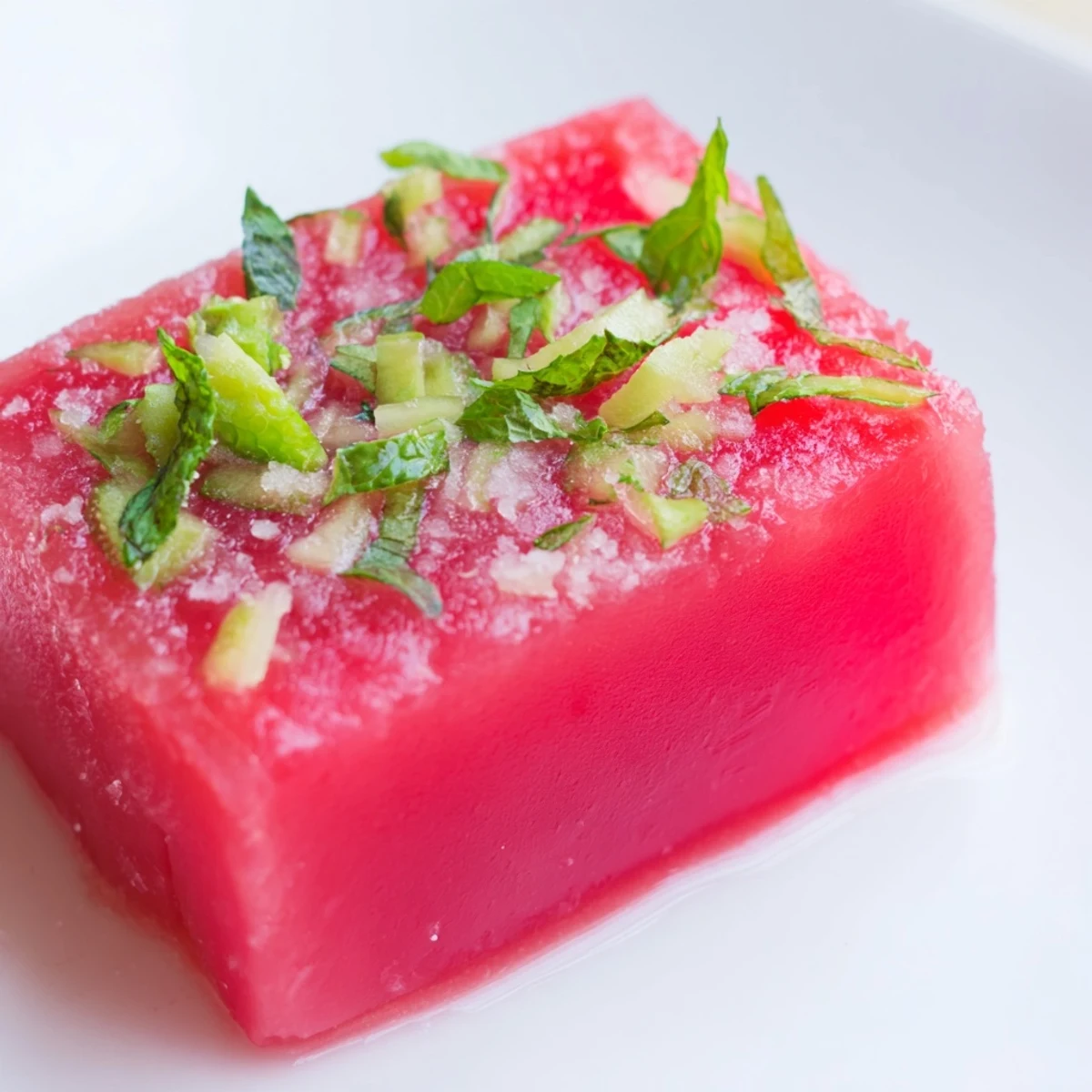 Frozen watermelon lime bars with fresh mint garnish on white serving plate