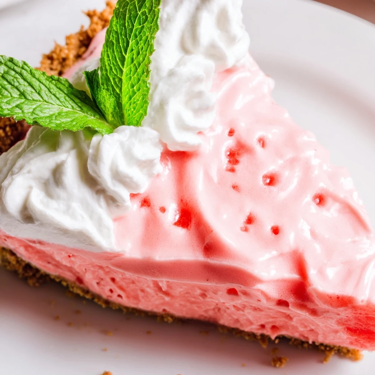 Watermelon pie slice topped with fresh mint and whipped cream on white plate