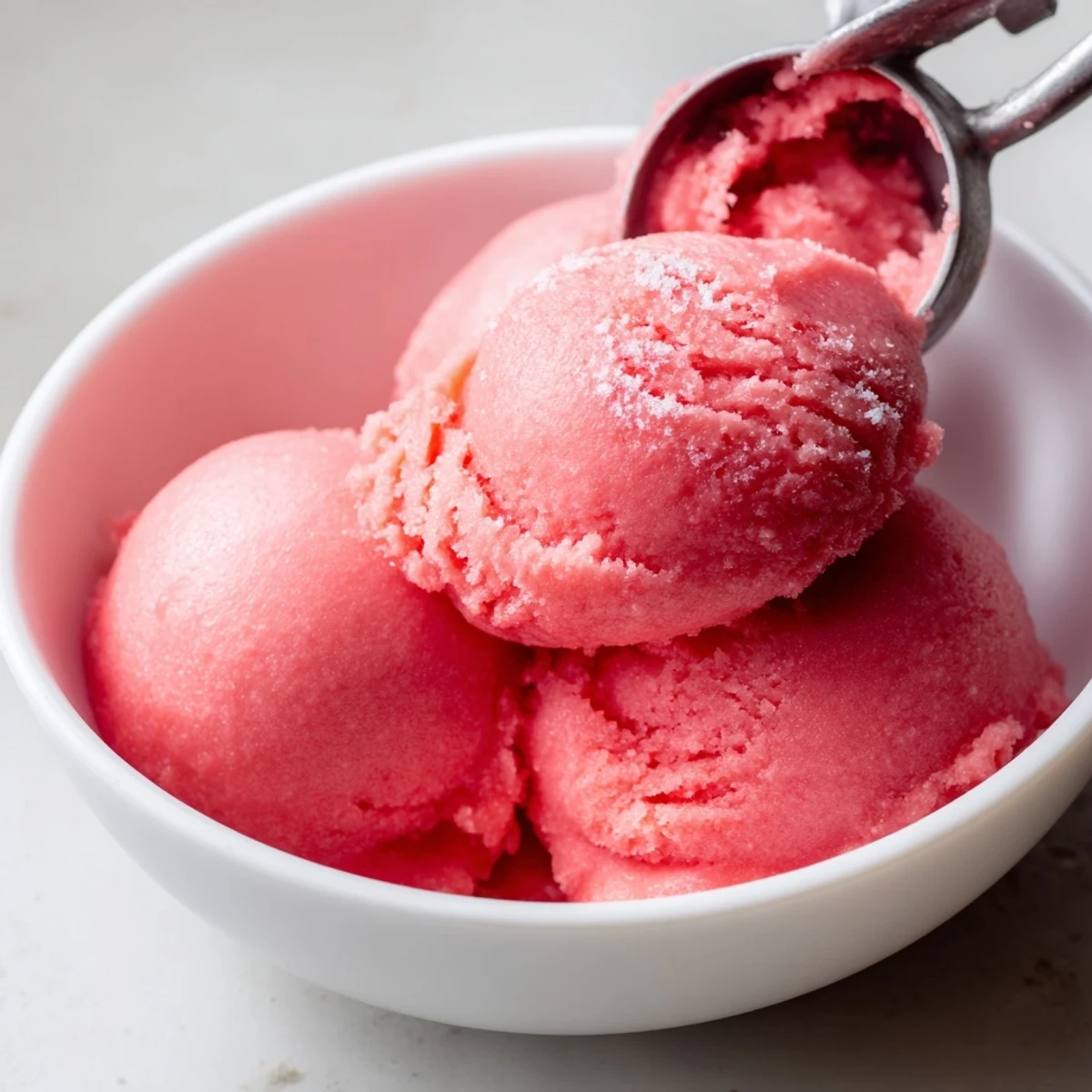 Pink scoops of watermelon sorbet garnished with fresh mint in a chilled glass bowl