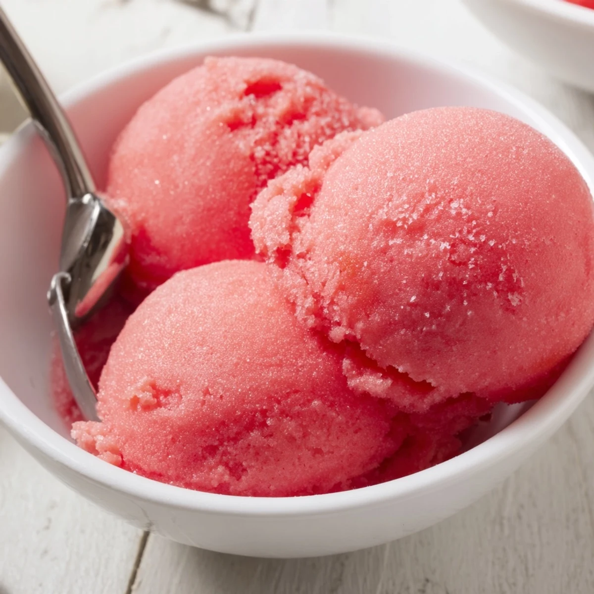 Creamy watermelon sorbet scoops melting slightly atop a chilled white dessert plate