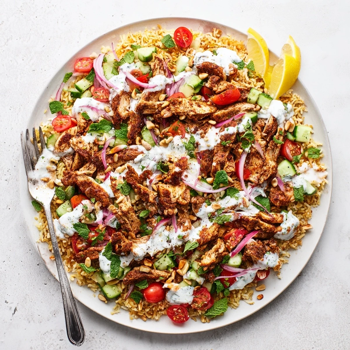 Sliced spiced chicken shawarma arranged over crunchy rice with tomatoes, cucumber, and creamy yogurt dressing