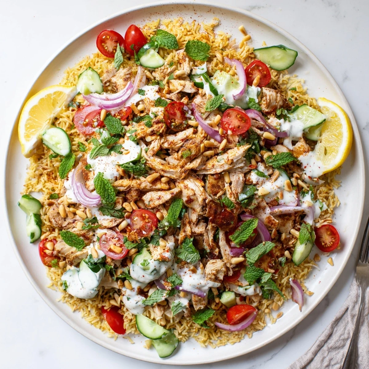 Golden crispy rice topped with spiced chicken shawarma and fresh colorful vegetables in a bowl