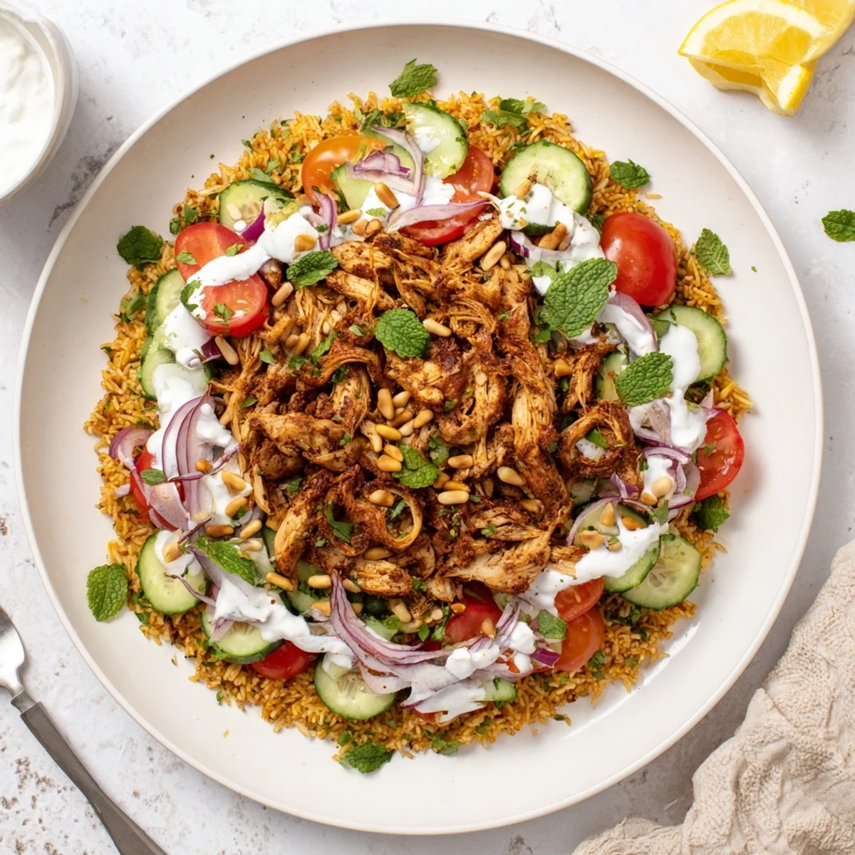 Vibrant salad bowl featuring crispy rice, marinated chicken shawarma, and chopped herbs with tangy drizzle