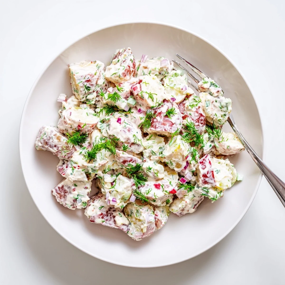 Vibrant red potato salad bowl featuring fresh parsley, red onion, and chilled serving style