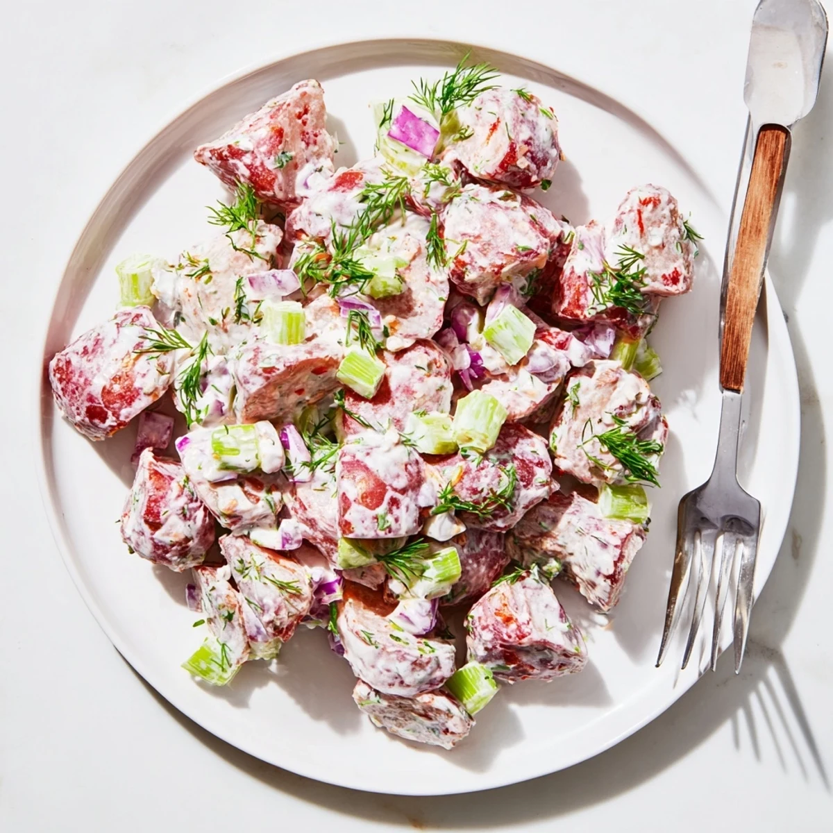 Hearty red potato salad side dish with creamy coating, perfect for summer barbecues