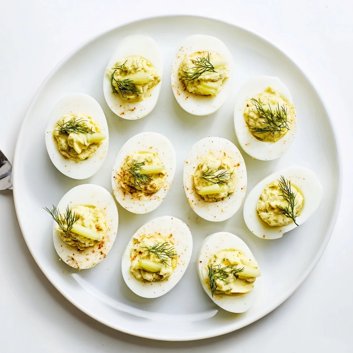 Creamy Simple Dill Pickle Deviled Eggs topped with fresh dill and paprika on white plate