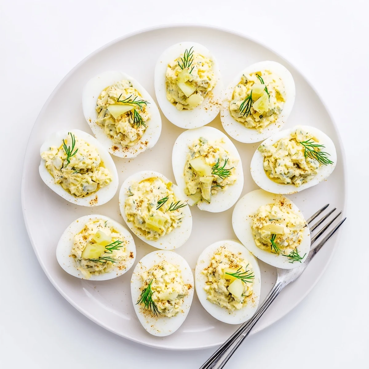 Platter of Simple Dill Pickle Deviled Eggs garnished with pickle slices and herbs for party